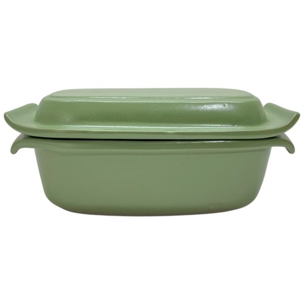 Olive green glazed rectangular clay pot for baking bread