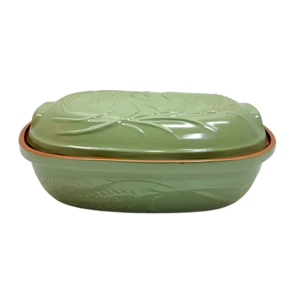 Mid-size Olive Glazed Wheat Pattern Clay Pot / Casserole Dish